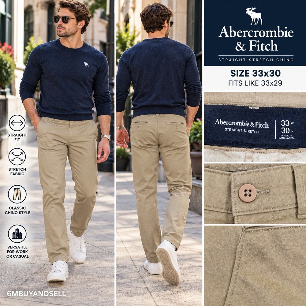 Abercrombie & Fitch Mens Straight Stretch Chino Pants Khaki Tan 33x30 Fits 33x29